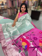 Mint Blue Pure handloom paithani tissue  saree