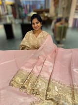 Pastel pink Mul Tissue Stripes Saree With Tissue Cutwork  Border & Blouse