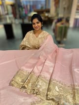 Pastel pink Mul Tissue Stripes Saree With Tissue Cutwork  Border & Blouse