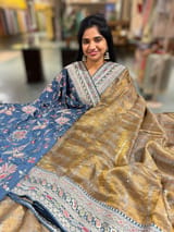Antique Base Peacock blue Tissue checks Saree with sabhyasachi borders SS50413