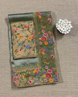 Light Olive Tissue Stripes Saree with petite point Embroidered tissue border and blouse SS50422