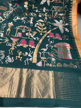 Forest Green Ponduru Khadi Jamdani Allover Weaving Saree with village Theme