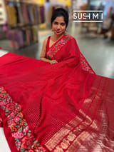 Chilli Red Mysore Silk Saree with petitepoint embroidery S62108