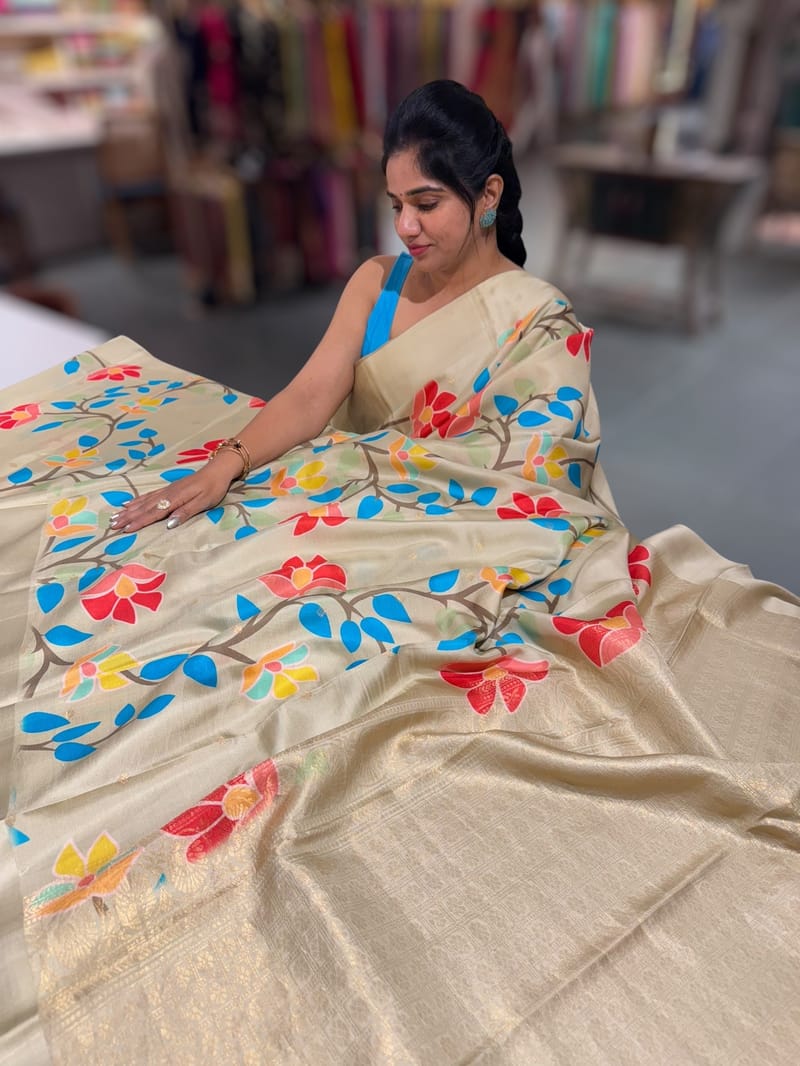 Light Pista Kanchi Soft Silk Saree with ajamdani inspired print SS50502