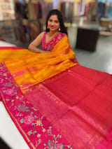 Mustard checks vintage style Kanchi Soft Silk Saree with petite point embroidered border SS50132