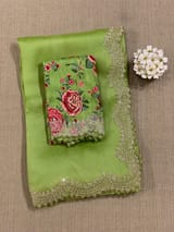 Apple Green Pure Organza Handwork Saree with heavy Designer Blouse