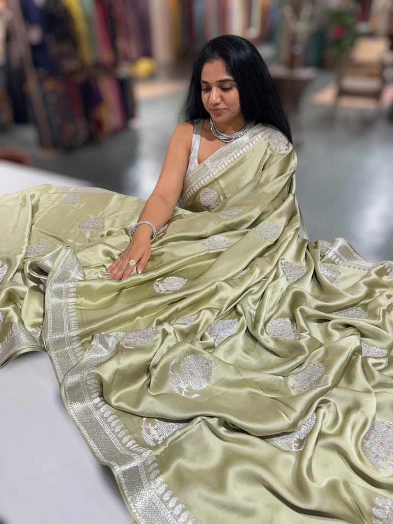 Light Pista Pure Satin Saree with Embroidery. SS5031