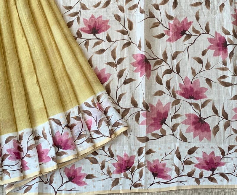 Pastel Yellow Tussar Kota Tissue Saree with Handpainted Muslin Border and Pallu SS50262