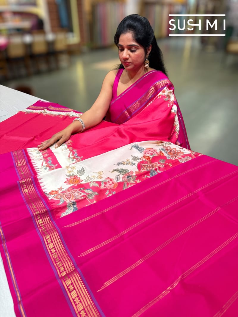 Dark Coral peach Pink designer Printed Kanjeevaram Silk Saree