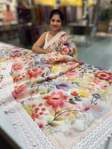 Ivory Organza 3D floral Printed Saree hemlined with crotia lace SS50304