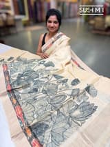 Ivory Tussar pen kalamkari printed saree