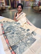 Ivory Tussar pen kalamkari printed saree