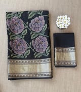 Black Pure Handloom Chiniya Silk Saree with stunning Floral Print and zari borders SS50100