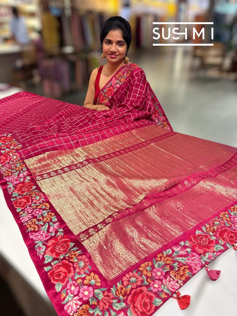 Ruby Pink Mysore Silk Saree with petitepoint embroidery S62110