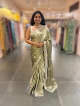 Dark Pista Satin Saree with Embroidery.