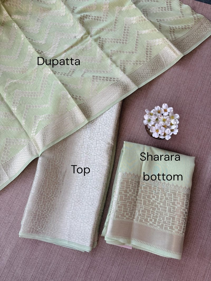 Mint Green Banarasi Mul Silk Brocade 3-pc Sharara Suit set : SS62J11