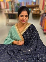 Navy Georgette Saree with stick on Badla in zigzag pattern