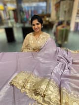 Lilac Mul Tissue Stripes Saree With Tissue Cutwork  Border & Blouse