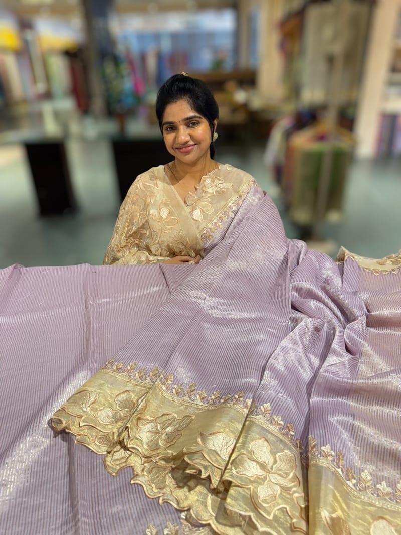 Lilac Mul Tissue Stripes Saree With Tissue Cutwork  Border & Blouse