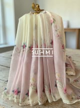 Ombre Dyed Floral Printed Pure Linen Saree