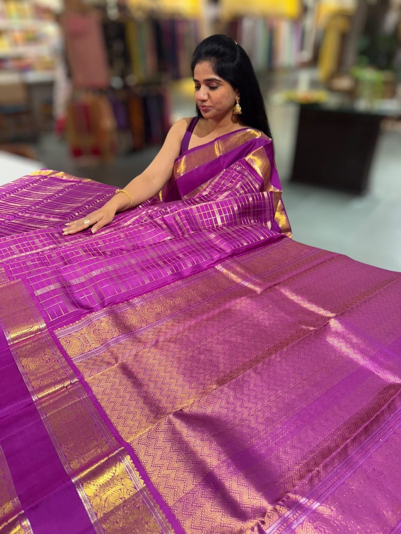 Purple Vintage Checks Kanjeevaram Saree