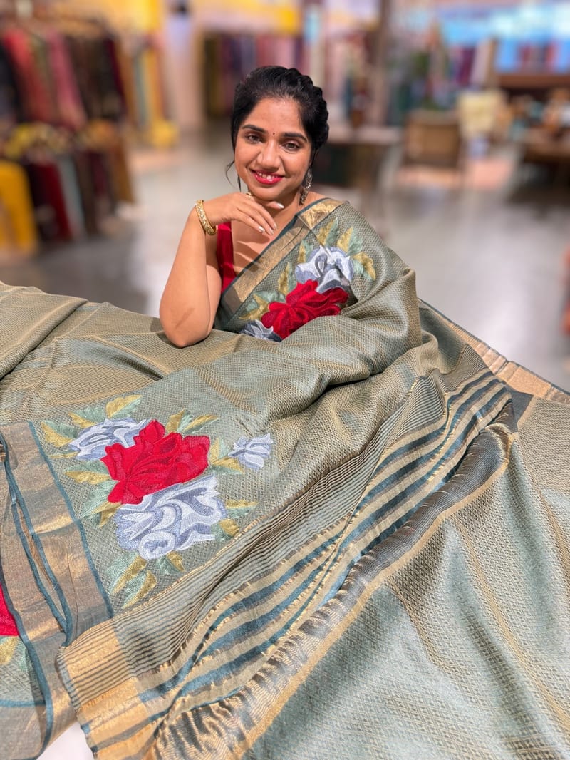 Sage Green Tussar Brocade Saree With Statement Red Rose Embroidery SS50469