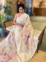 Ivory Printed Organza Saree With Chantilly Lace Style Embroidered Border. SS50317
