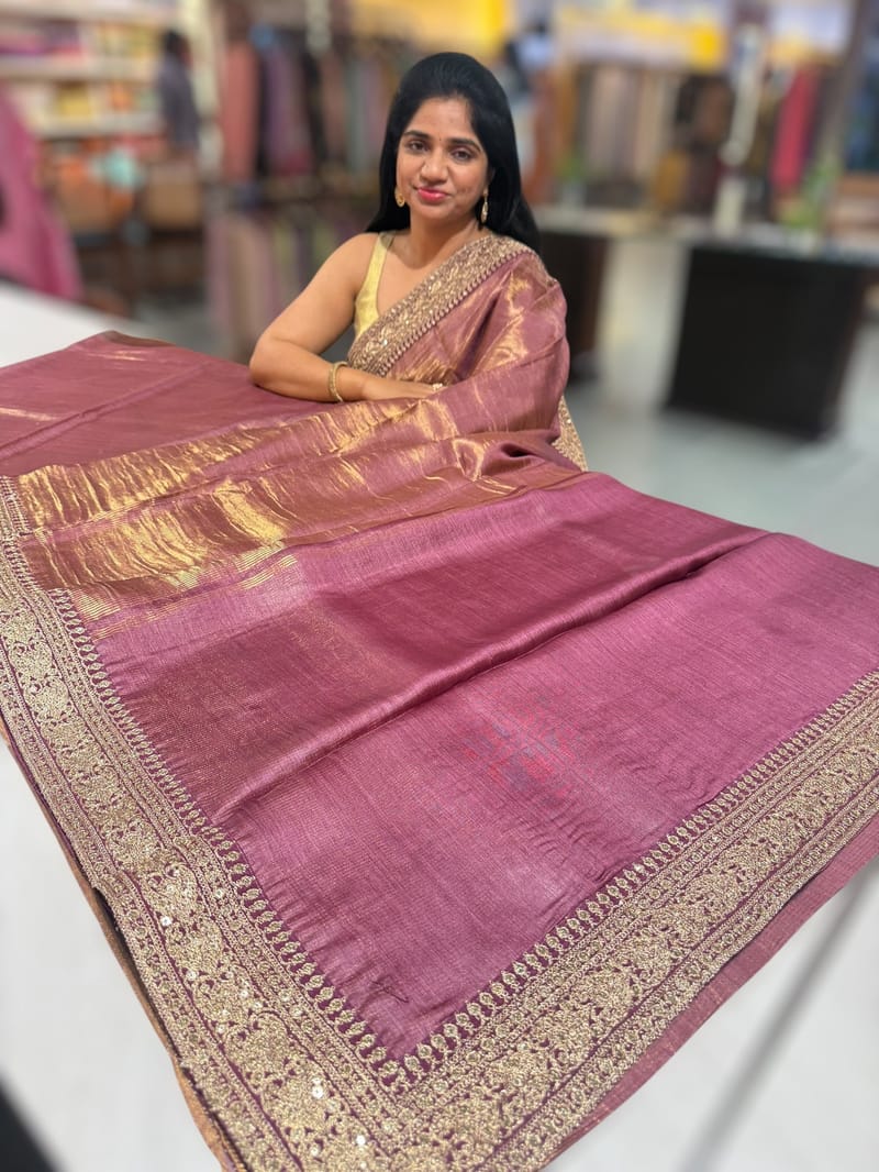 Wine kora Muslin Tissue fusion saree SS50204