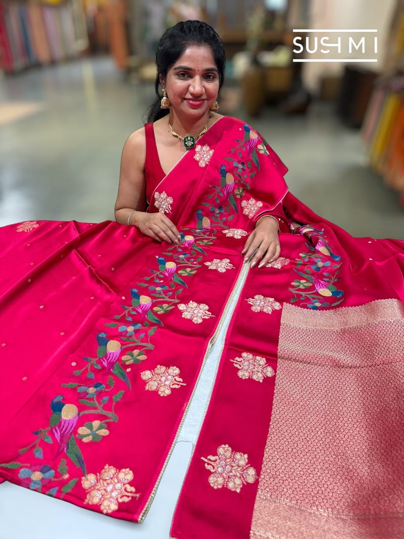 Dark Pink mashru Saree with embroidery : S62F143