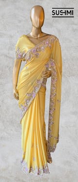 Yellow Pure Satin Georgette Saree