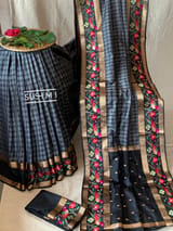 Black Vintage checks Kanjeevaram soft silk saree with embroidery D62F042