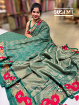 Bottle Green Mysore silk with embroidered border S62F063