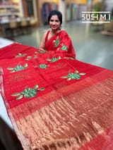 Red muslin tissue stripes saree with hibuscus emb