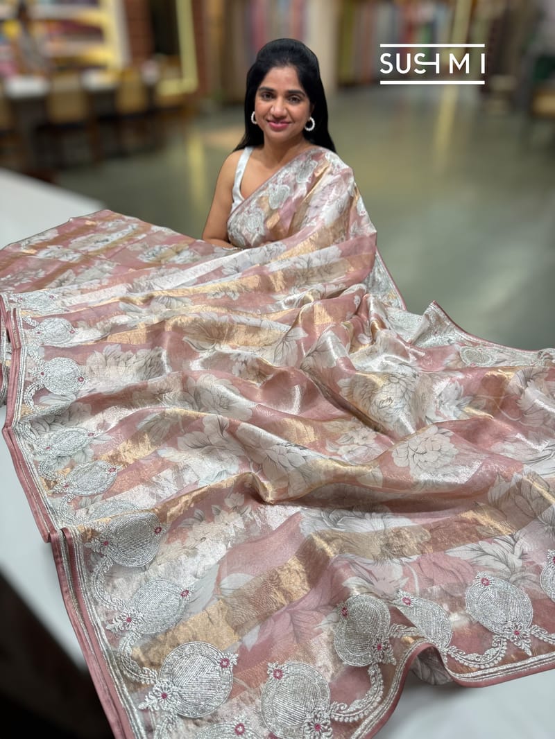 Printed Organza Tissue stripes saree with embroidery