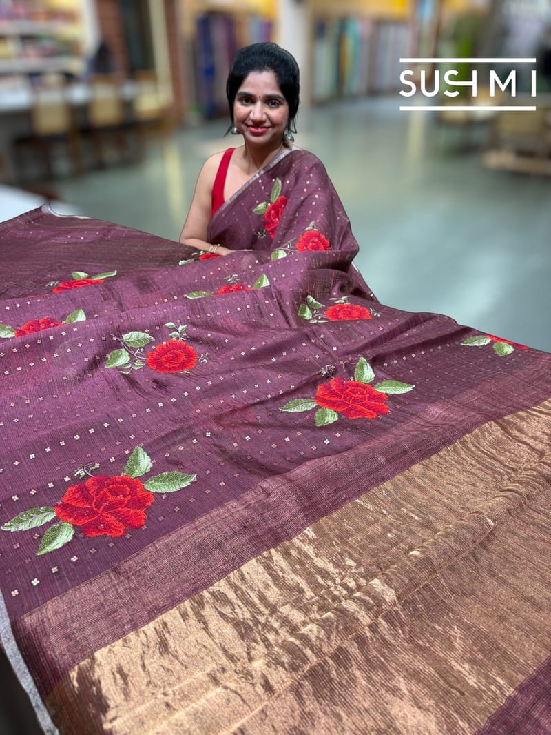 Winish Brown muslin tissue stripes saree with hibuscus emb