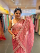 Coral Pink Pure Handloom Tissue checks Saree with sabyasachi borders SS50425