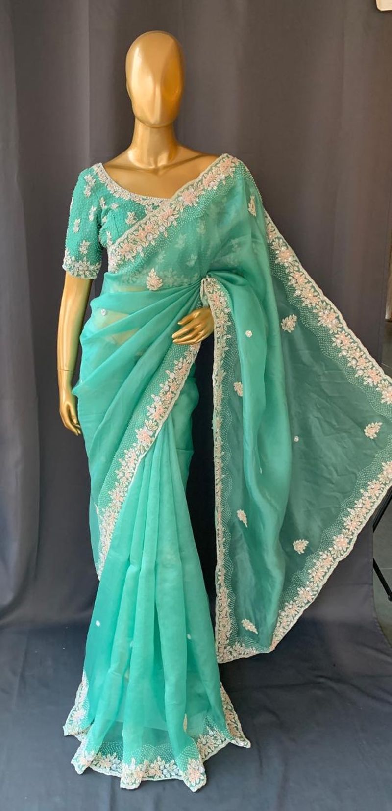 Sea Green Pure Organza Handwork saree DSCL040
