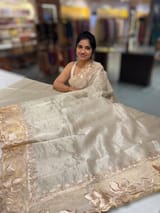 Earthy Tone Mul Tissue Stripes Saree With Tissue Cutwork  Border & Blouse