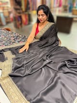 Black Pure Satin Saree with Sabhyasachi Borders SS50583