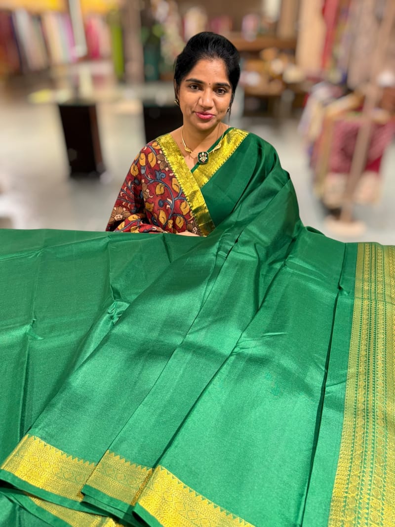 Emerald Green vintage Kanchipuram silk saree with pen kalamkari blousel SS50181