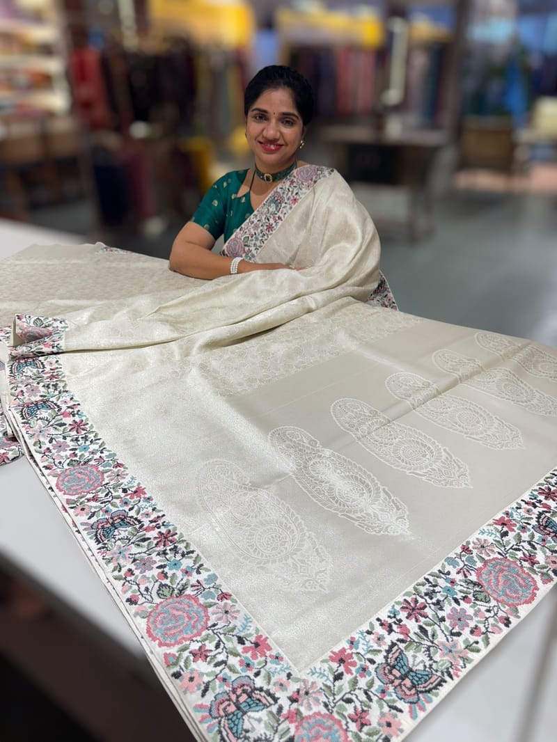 Half White Banarasi brocade Silk Saree with Petite Point Embroidered Border. SS5085