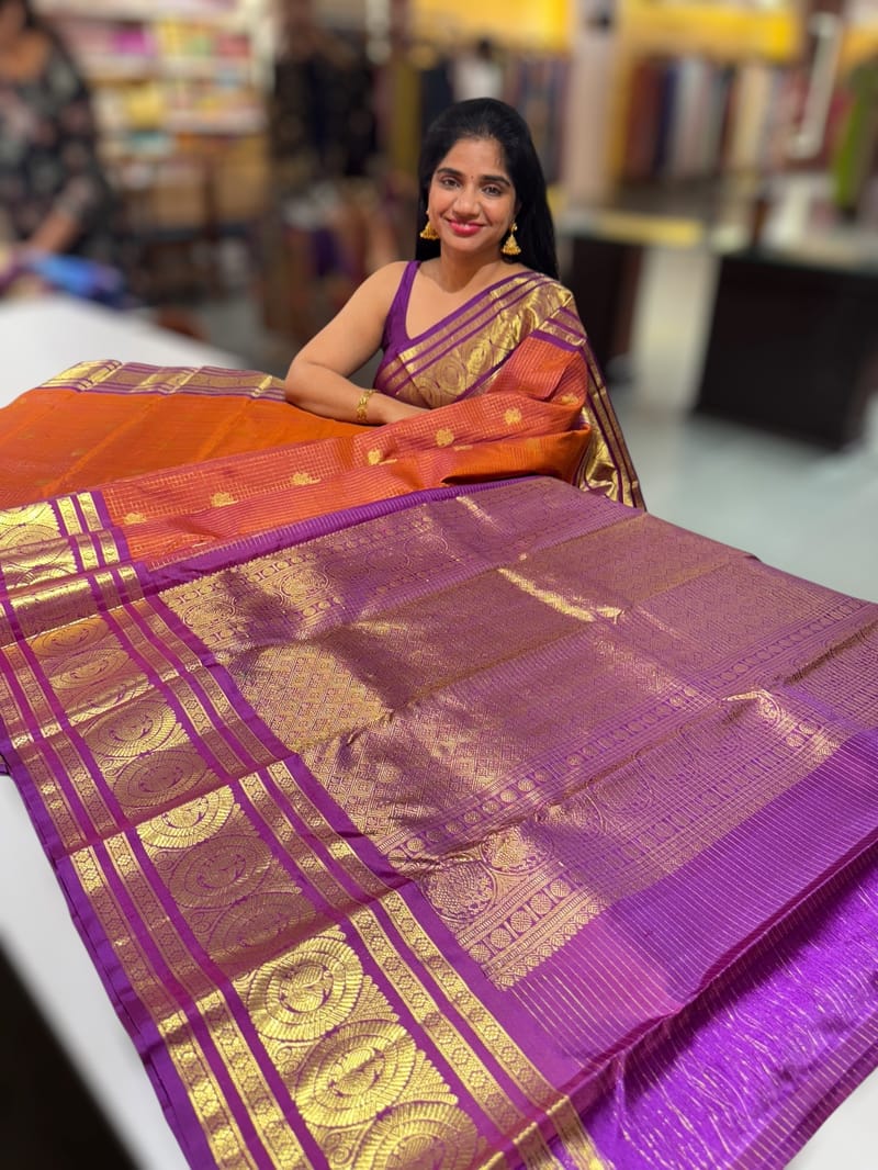 Rust Orange & Purple Combo Vintage Checks Kanjeevaram Saree SS50157