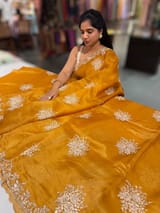 Orangish Mustard Designer Organza Handwork Saree
