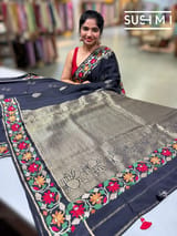 Black mysore silk with embroidered border S62F115