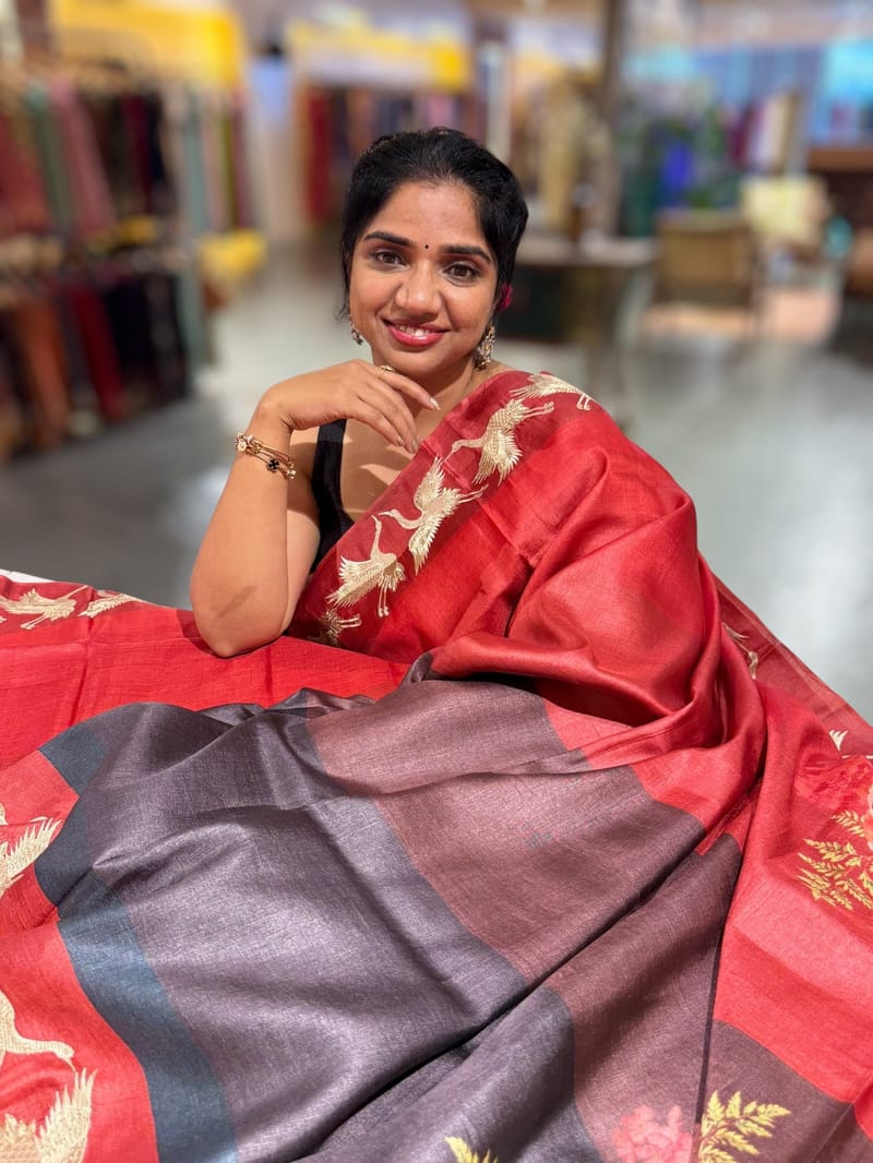 Tussar Rangkaat Saree With Crane Bird  Embroidered Border SS50472