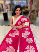 silver Banarasi Tissue saree with Pink organza applique work border SS50228