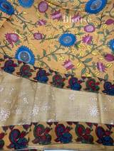 Light mustard Silk kota and pen kalamkari fusion saree with pita emb