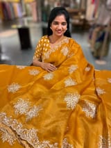 Orangish Mustard Designer Organza Handwork Saree