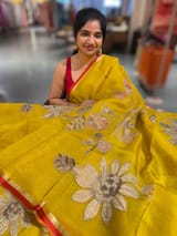 Mango Yellow Designer Organza with Tissue applique work