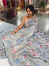 Bluish Grey Tissue georgette saree with allover jamdani inspired embroidery